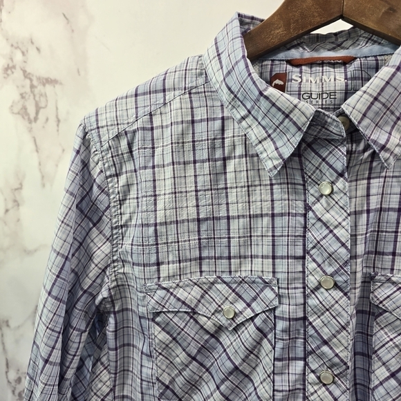 Simms Shirt Women Medium Purple Blue Button Up Long Plaid Vented Fishing Guide - Picture 2 of 10